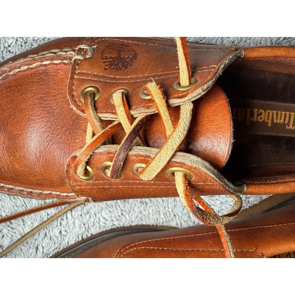 Vintage Timberland USA Made 10M Leather Camp Moc Shoe Vibram Sole Brown Handsewn